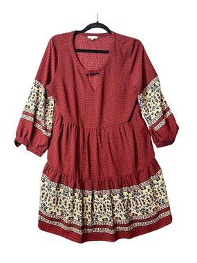 Jodifl Women's Boho Dress Size L Red Long Sleeve Tiered Geometric Border Floral